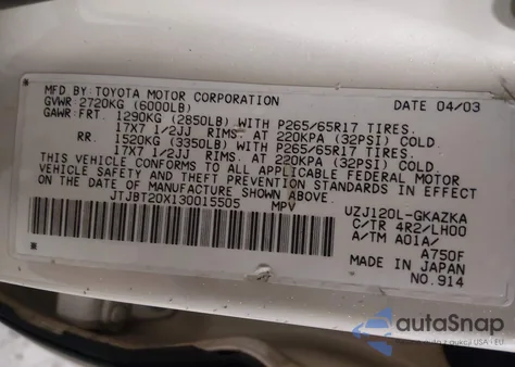 2003 Lexus Gx 470 from USA, damaged, VIN JTJBT20X130015505